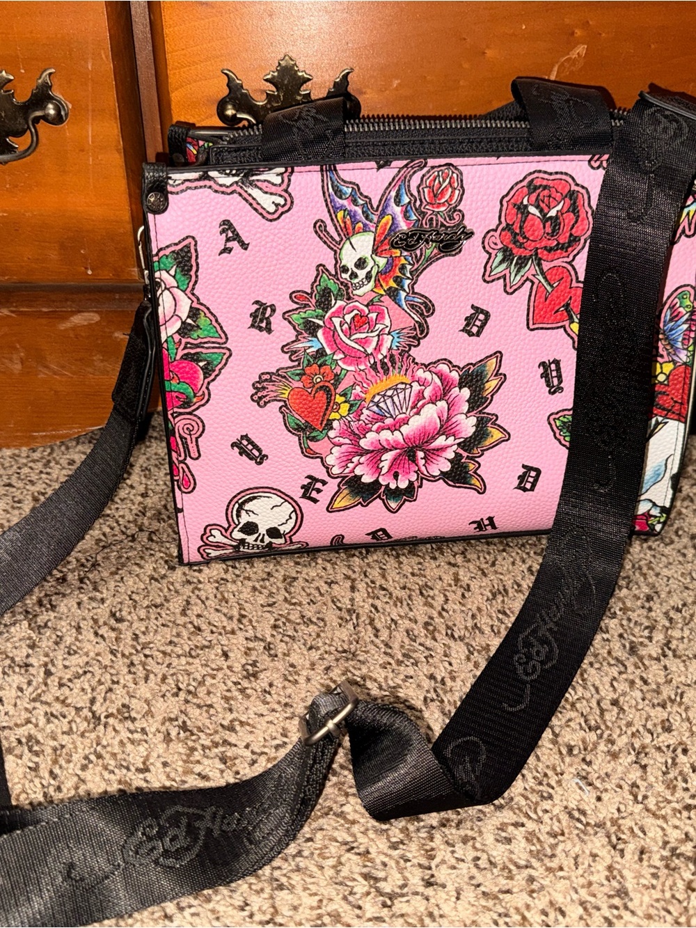Ed Hardy Pink Floral Tattoo-Print Shoulder Bag with Black Strap